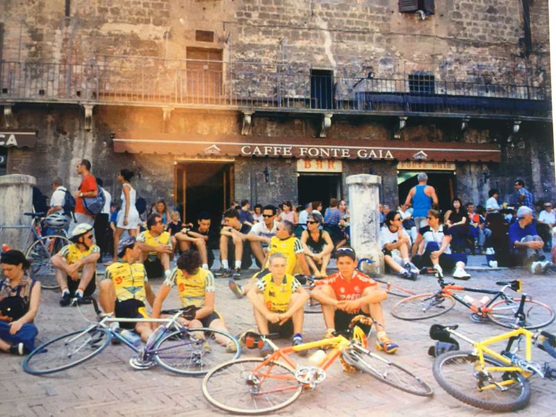 Cyclists outside of Caffe Fonte Gaia