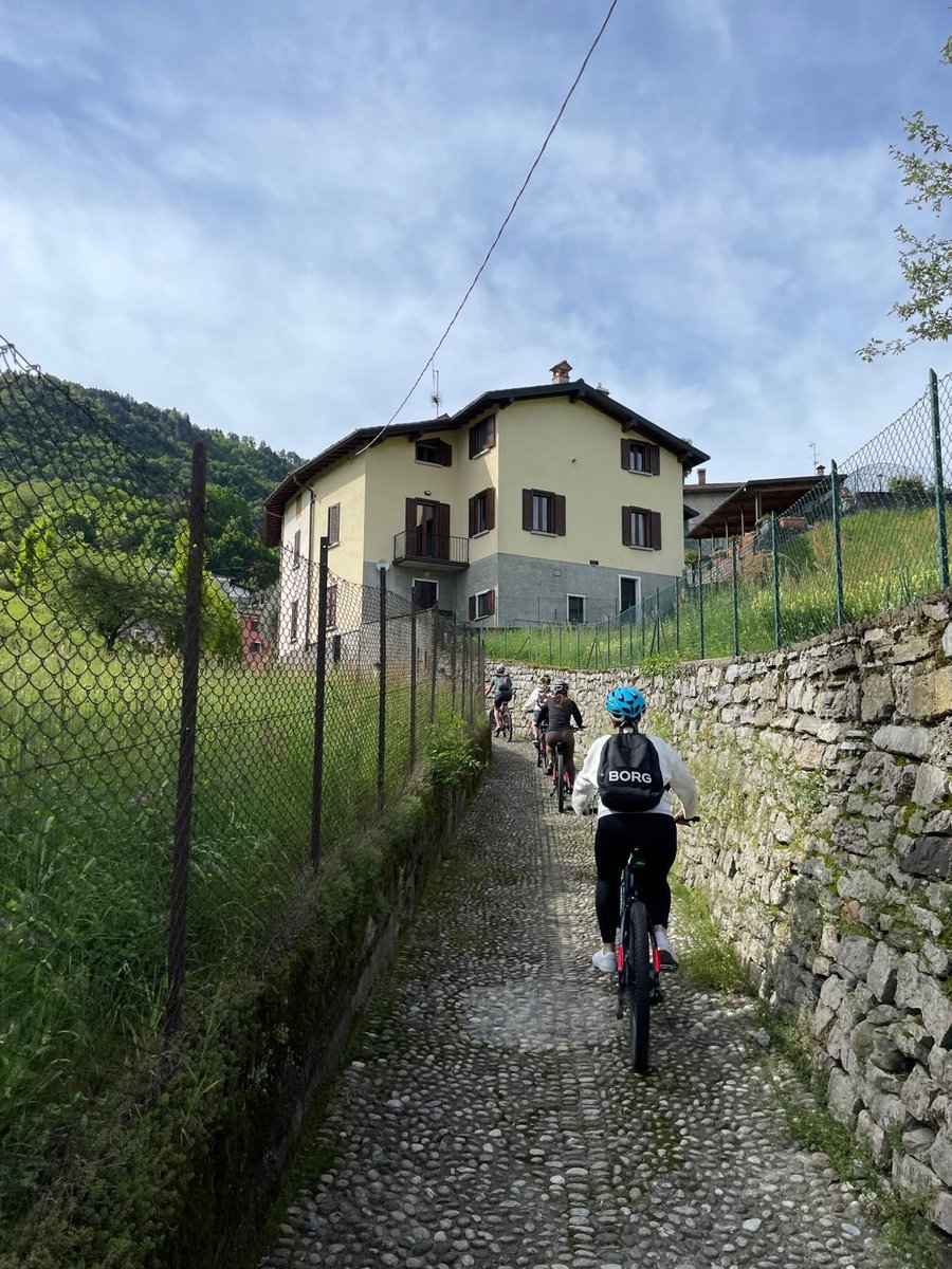 Cyclists on Cobblestone Pathway